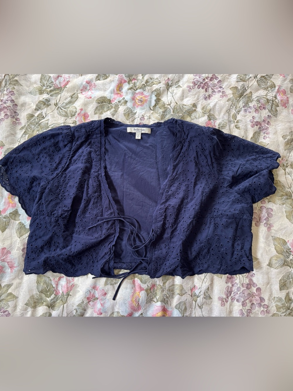 Torrid Belle Isle Navy Eyelet Tie Front Crop Top 1X 14/16 Cotton Scalloped